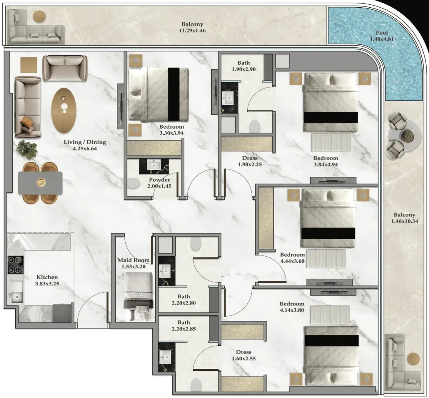 4 Bedrooms apartments - Bayz 102 floor plan