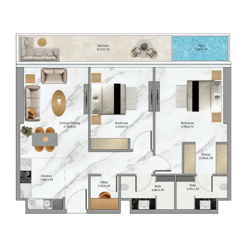 2 bedroom + pool floor plan