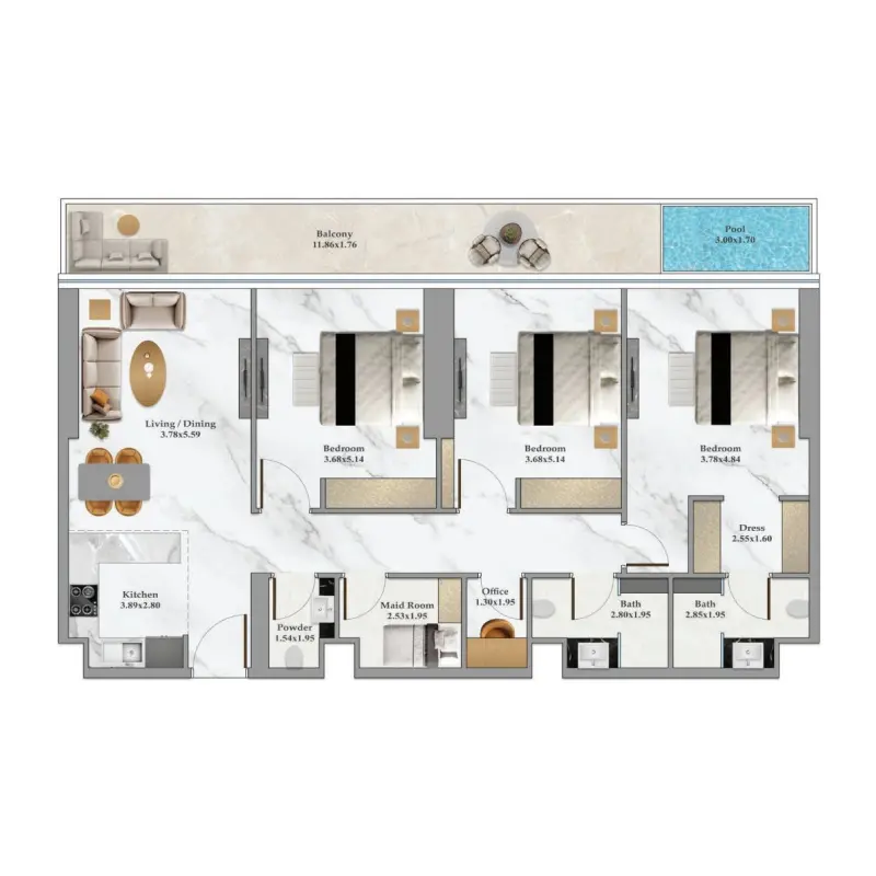 3 bedroom + pool floor plan