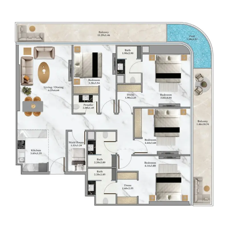 4 bedroom + pool floor plan
