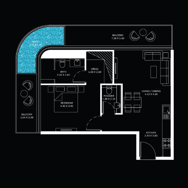 1 bedroom + pool floor plan