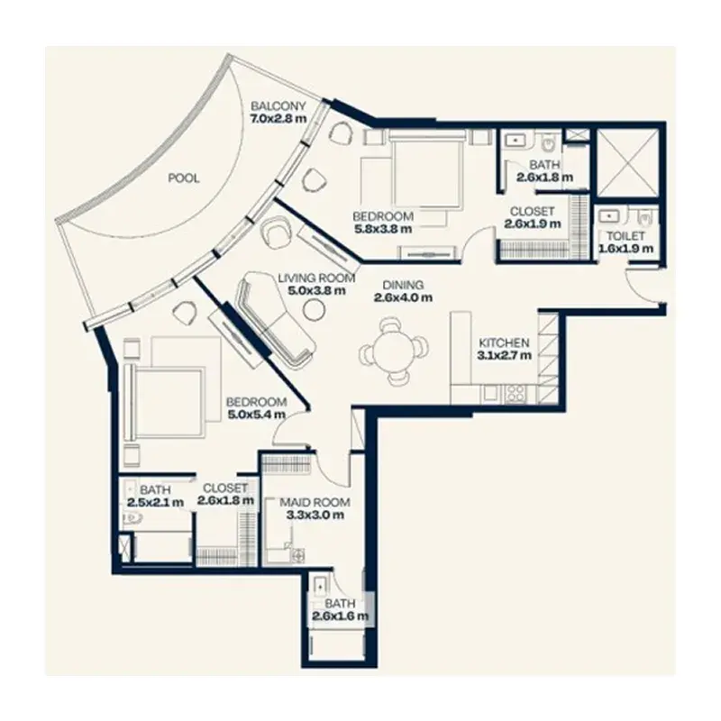 2 Bedrooms apartments - Trussardi Residences Phase Two floor plan