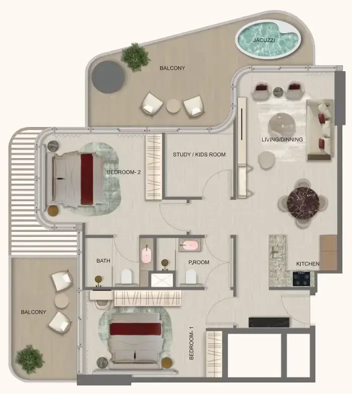 2 Bedrooms apartments - Treppan Serenique Residences floor plan