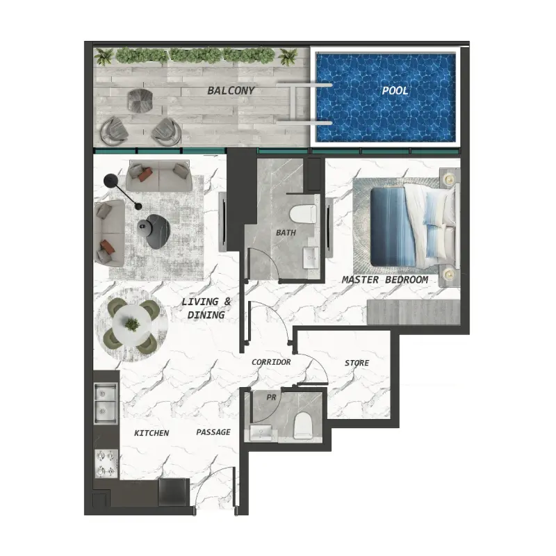 1 bedroom + pool floor plan