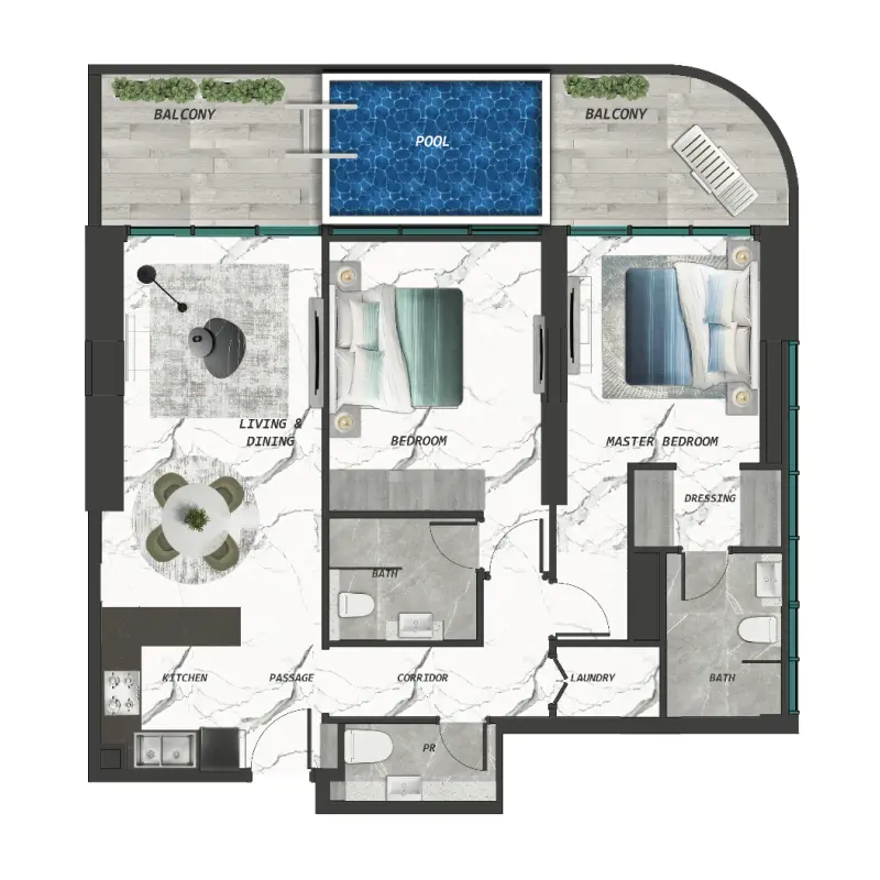 2 bedroom + pool floor plan