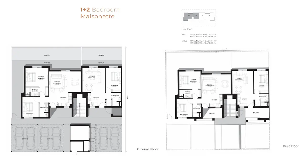 1 + 2 Bedroom floor plan