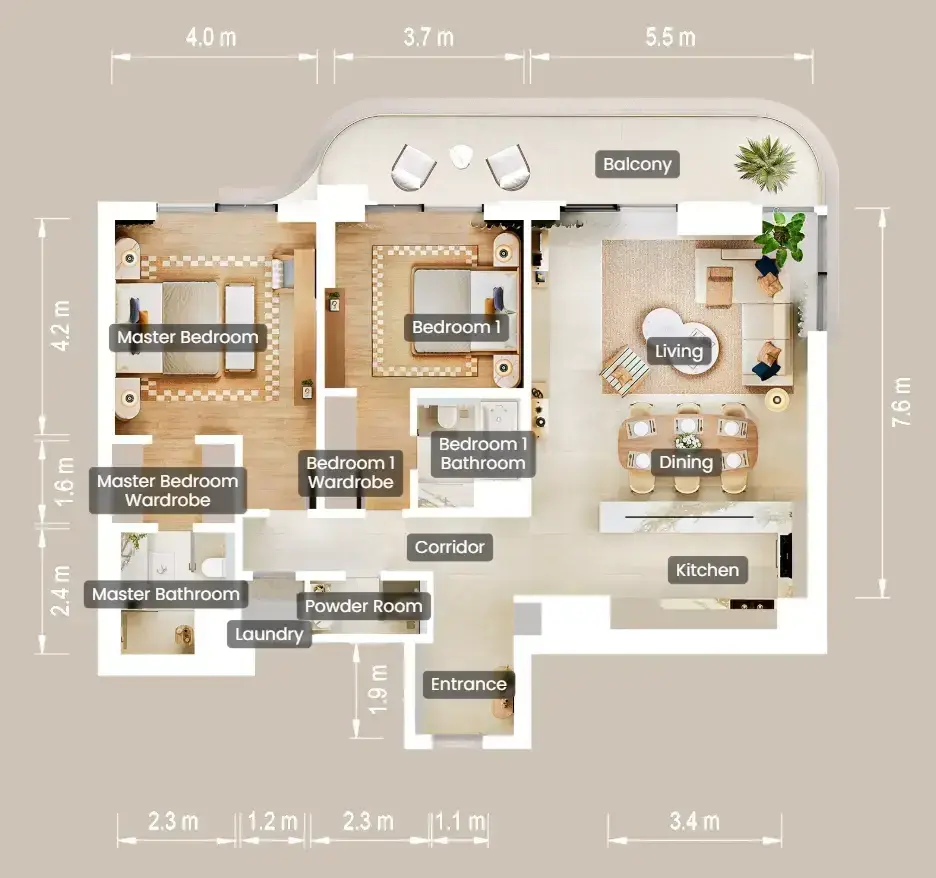 2 Bedrooms apartments - The Beach House Fahid floor plan