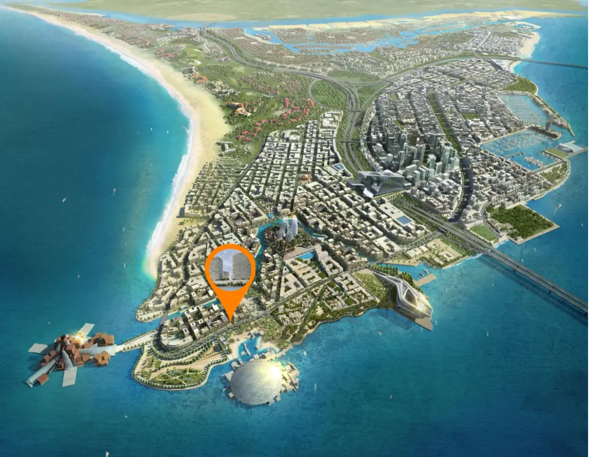 Marlin Reportage master plan showcasing twin waterfront residential towers on Al Reem Island, Abu Dhabi community layout.