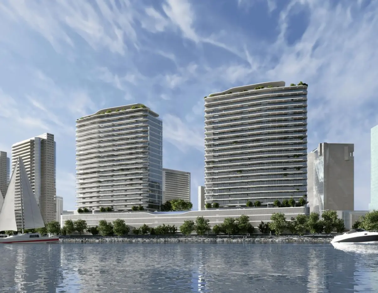 Marlin Reportage master plan showcasing twin waterfront residential towers on Al Reem Island, Abu Dhabi community layout.