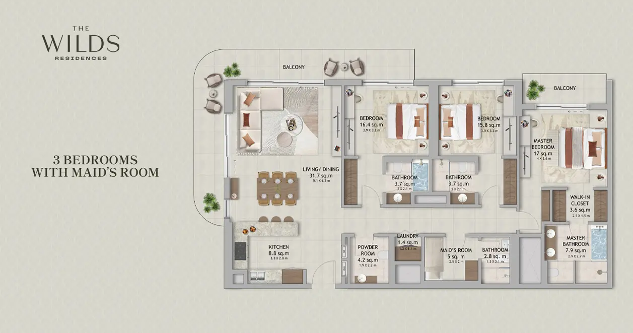 Three Bed + Maid floor plan