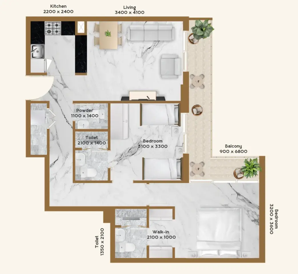 2 Bedrooms apartments - RR Residence floor plan