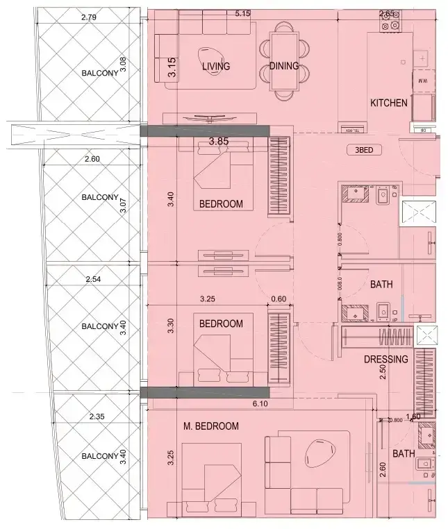 3 Bedrooms apartments - Project Maybach floor plan