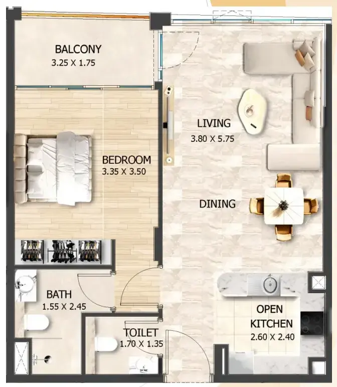 1 Bedroom apartments - Crystal Tower by VHS floor plan