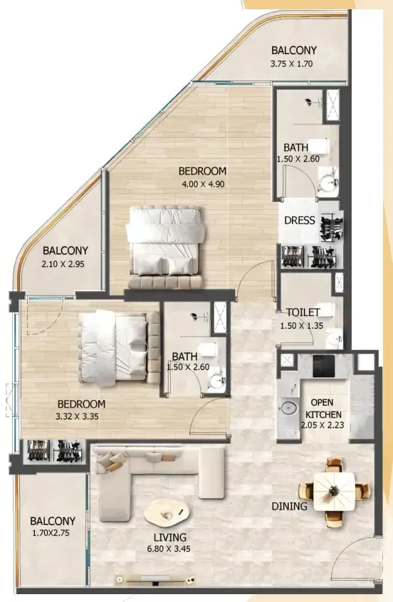 2 Bedrooms apartments - Crystal Tower by VHS floor plan