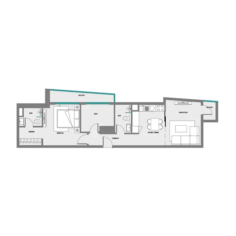 1.5 bedrooms apartments - Green Field floor plan