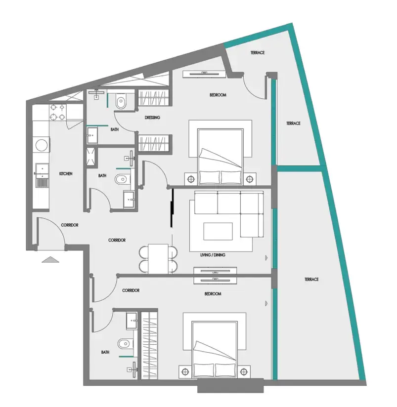 2 Bedrooms apartments - Green Field floor plan