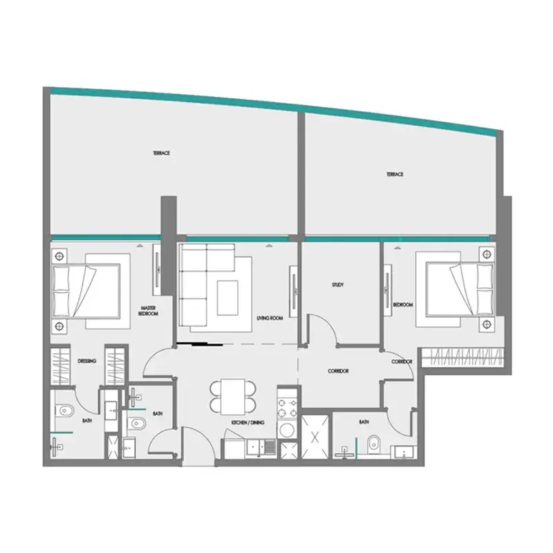 2.5 bedrooms apartments - Green Field floor plan