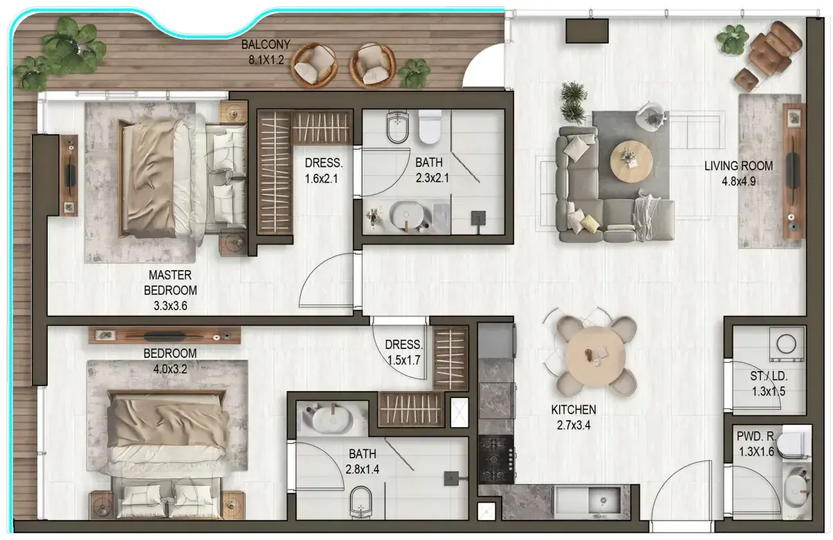 2 Bedrooms apartments - Noore floor plan