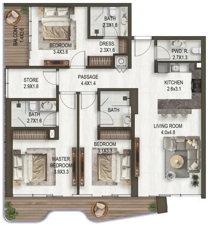 3 Bedrooms apartments - Noore floor plan