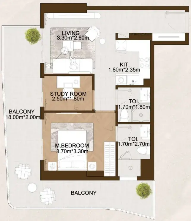 1.5 bedrooms apartments - Sports View 2 floor plan