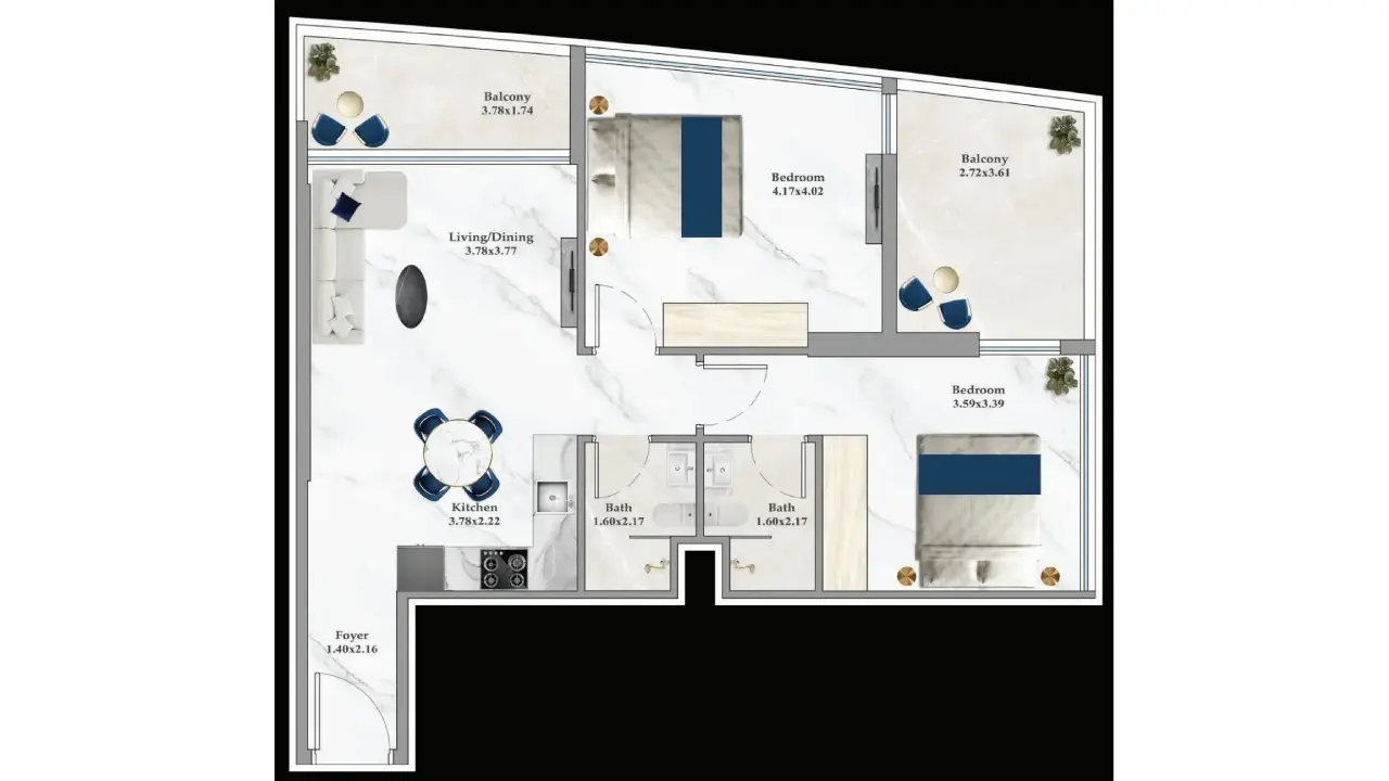 Two Bedroom No. ASPZ-F39-3902 floor plan