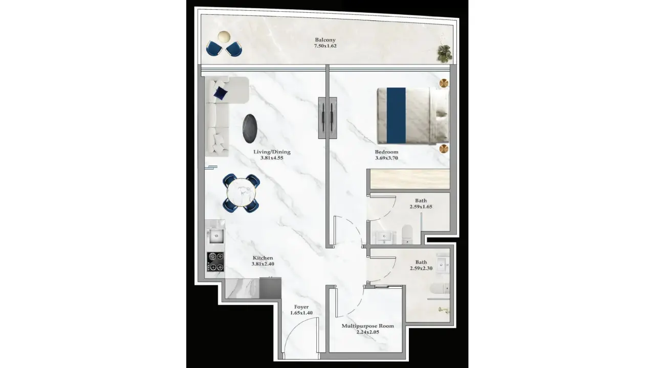 One Bedroom No. ASPZ-F27-2709 floor plan