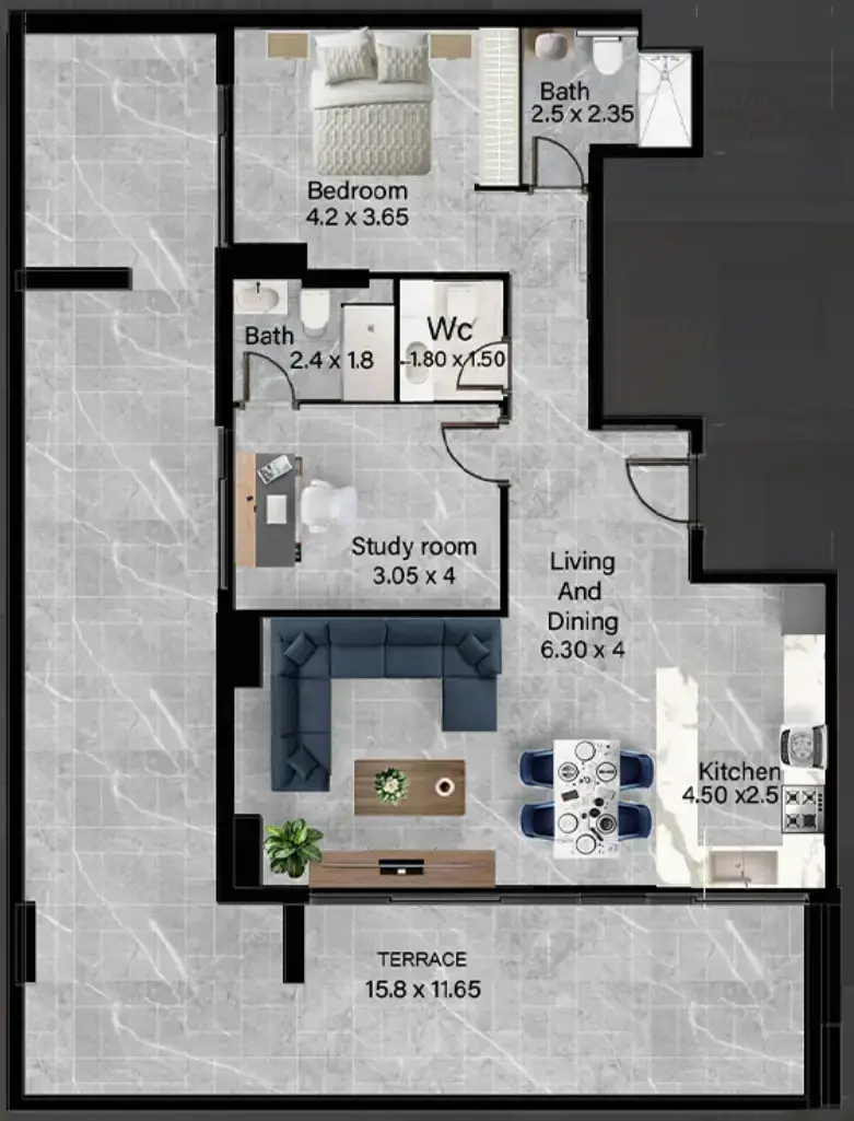 1.5 bedrooms apartments - Rose Gardens 2 floor plan