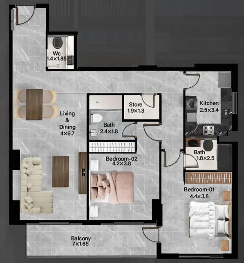 2 Bedrooms apartments - Rose Gardens 2 floor plan