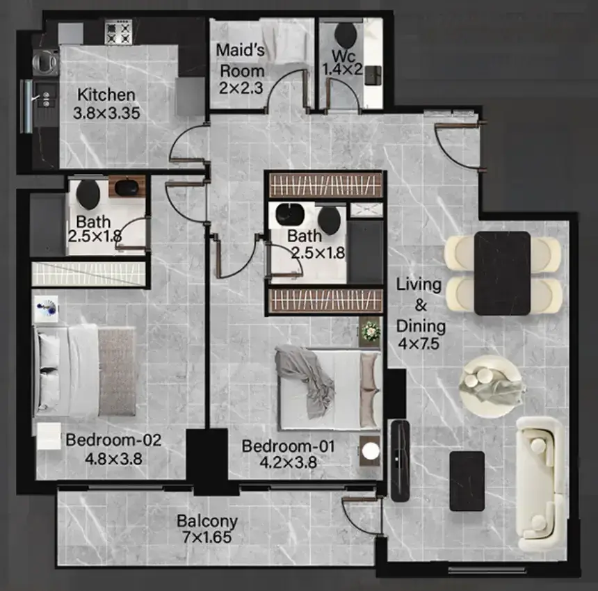 2.5 bedrooms apartments - Rose Gardens 2 floor plan