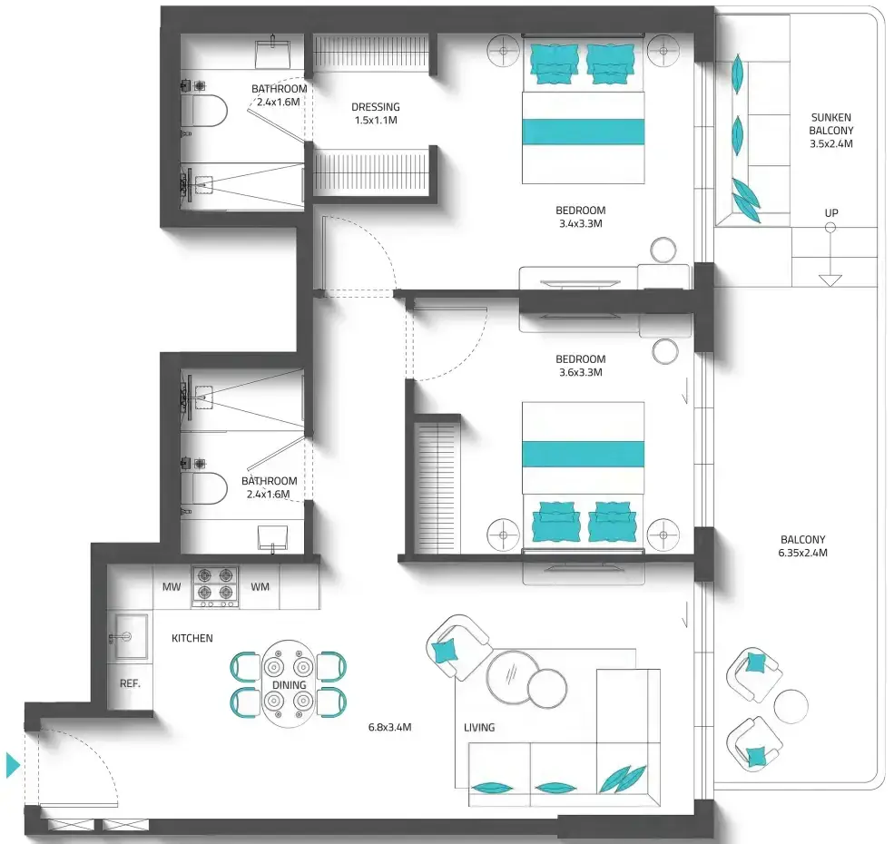 2 Bedrooms apartments - REEF 996 floor plan
