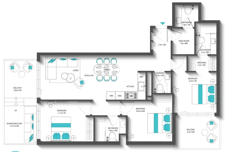 3 Bedrooms apartments - REEF 996 floor plan