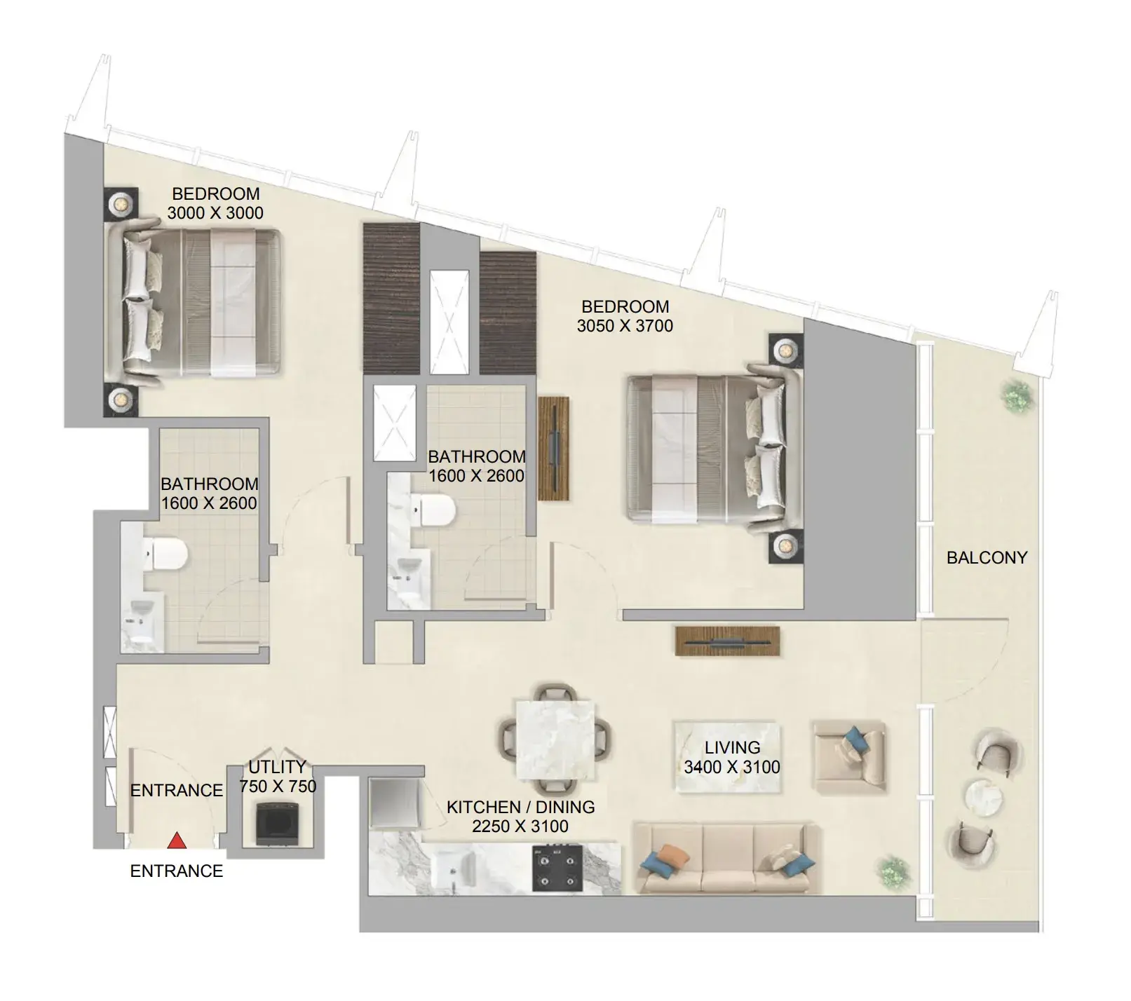 2 Bedrooms apartments - The Mirage at Sobha Central floor plan