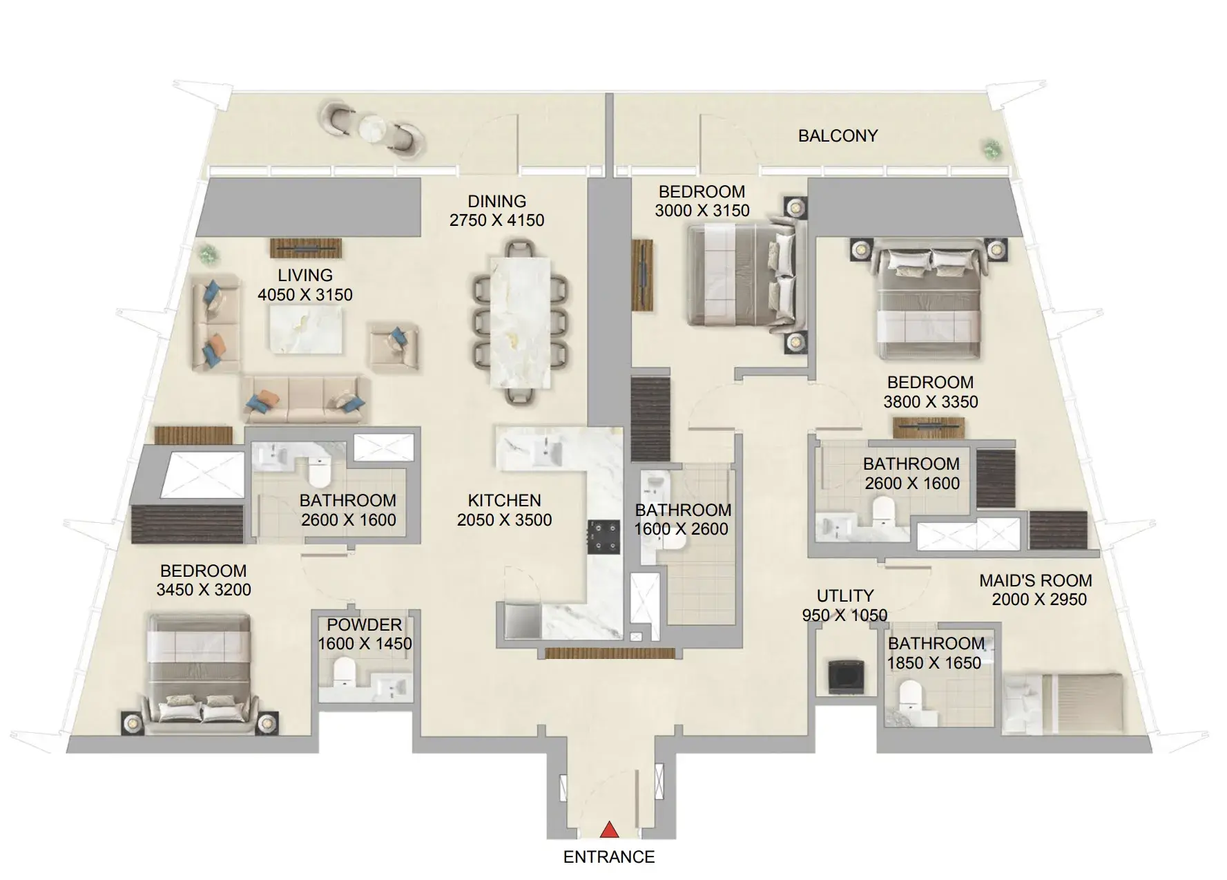 3 Bedrooms apartments - The Mirage at Sobha Central floor plan