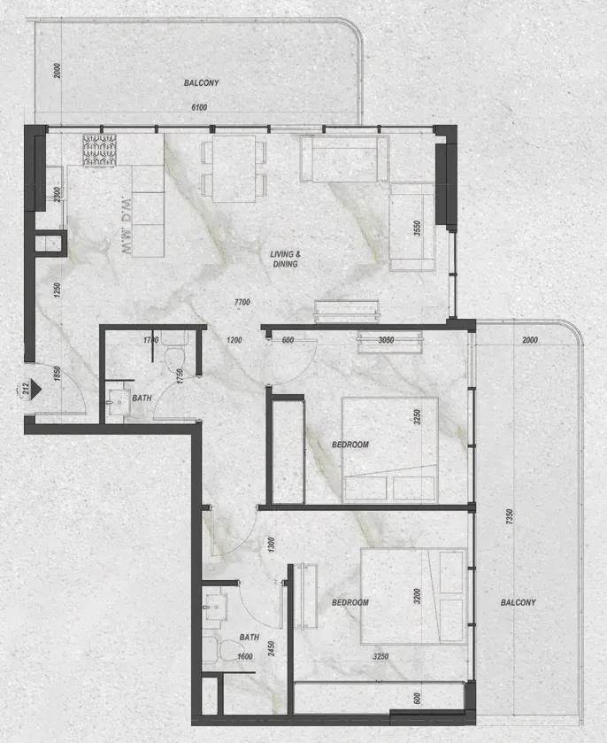 2 Bedrooms apartments - Zyra Hills floor plan