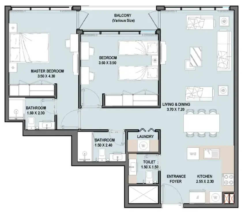 2 Bedrooms apartments - Verdana VIII floor plan