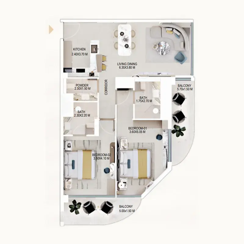 2 Bedrooms apartments - Rabdan Gardens floor plan