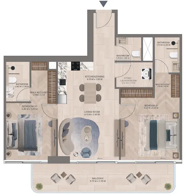 2 Bedrooms apartments - Meriden Beach Residences floor plan