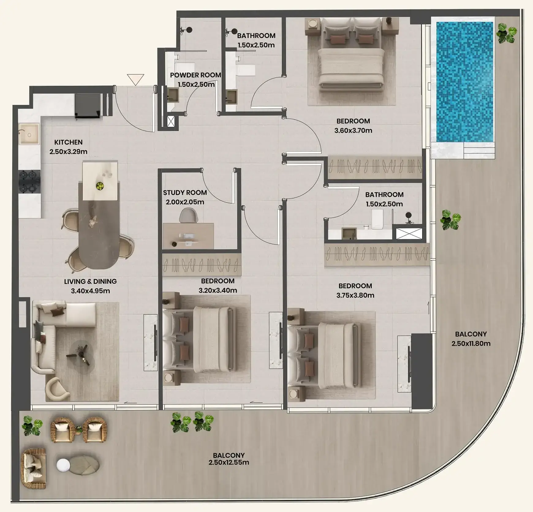 3 Bedrooms apartments - Divine Al Barari floor plan