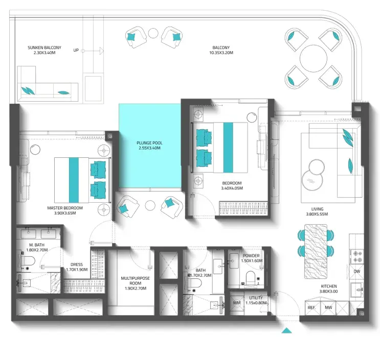 2 Bedrooms apartments - Reef 997 floor plan