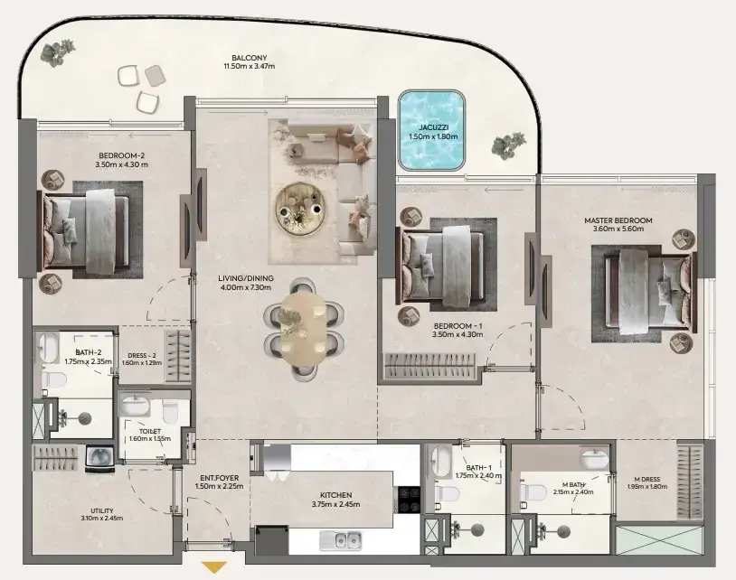 3 Bedrooms apartments - Hermina by Casagrand floor plan