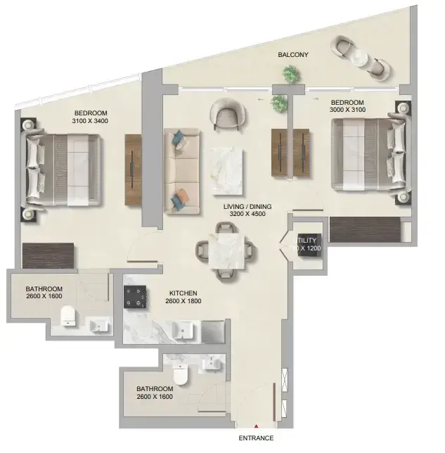 2 Bedrooms apartments - The Tranquil at Sobha Central floor plan