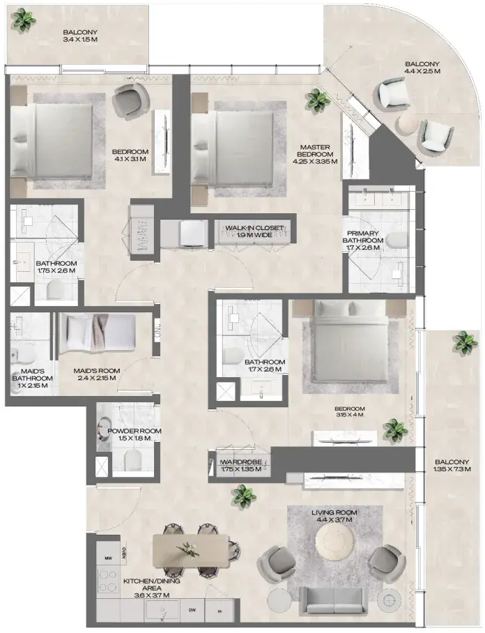 3 Bedrooms apartments - DWTN Residences floor plan