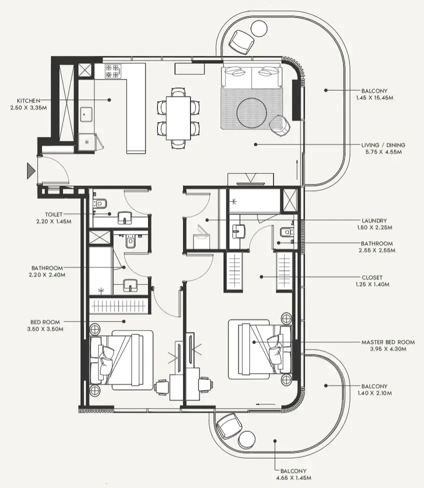 2 Bedrooms apartments - Azizi Amir floor plan