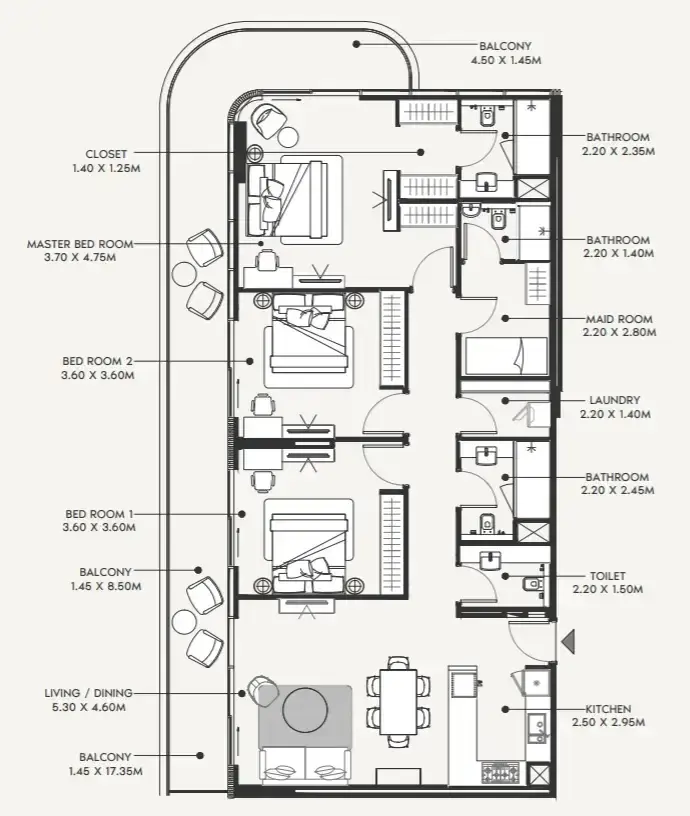 3 Bedrooms apartments - Azizi Amir floor plan