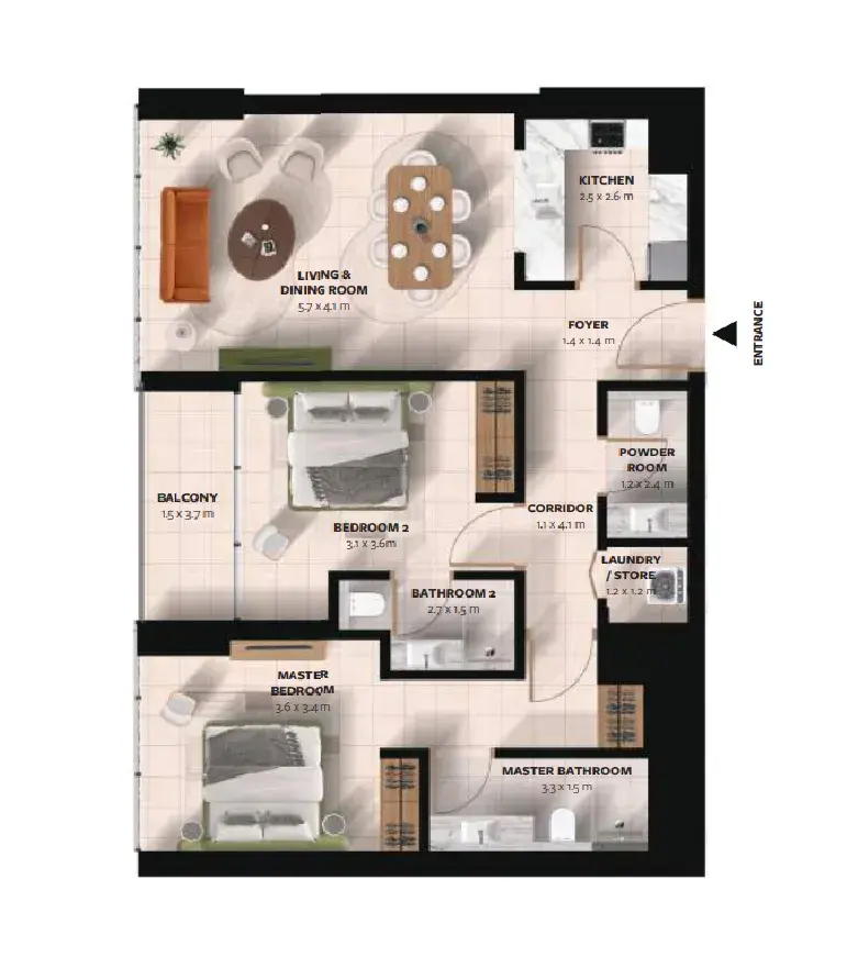 2 Bedrooms apartments - Waada Dubai South floor plan