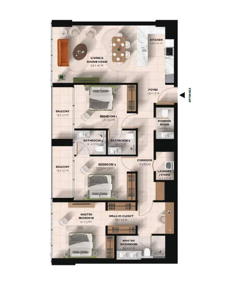 3 Bedrooms apartments - Waada Dubai South floor plan