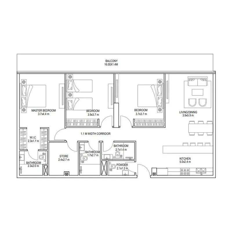 3 Bedrooms apartments - Golf Place floor plan