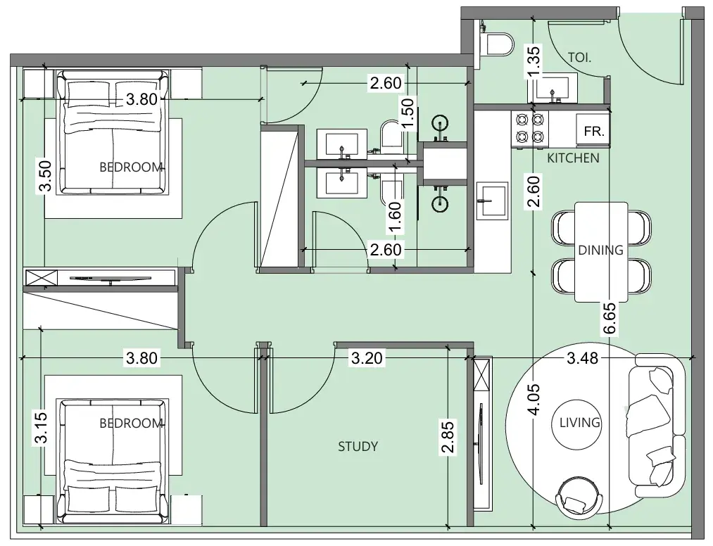 2 Bedrooms apartments - Al Haseen Residences 6 floor plan