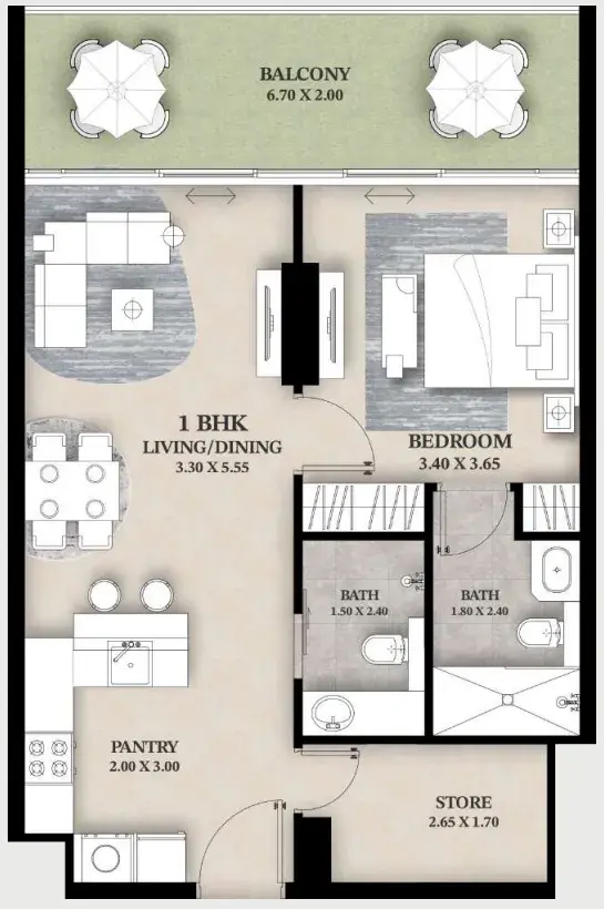 1.5 bedrooms apartments - Ventana Residences floor plan