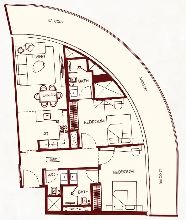 2 Bedrooms apartments - Binghatti Skyflame floor plan
